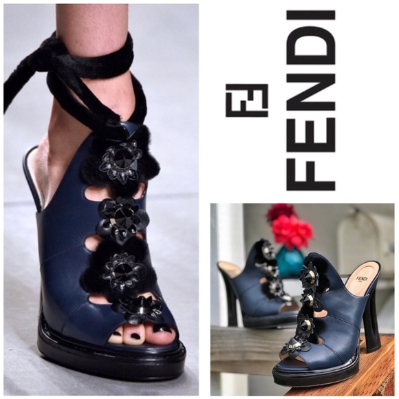 Fendi Shoes - Rare 2016 Fendi Navy Leather Sculpted Heeled mules